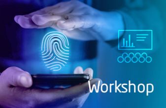 A hologram of fingerprint is hovering between a smartphone and the hand of the person holding it