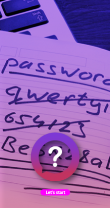 A notebook page on which different password options were scribbled: qwerty, 654123, Be6K28a