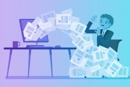 Illustration of a young man and papers flying from the laptop's screen.
