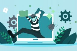An illustration showing identity theft by showing a thief coming out of a laptop.