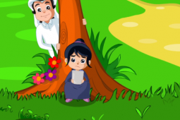 A girl looking at her tablet upset and a boy standing behind a tree.
