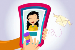 An animation of a girl posting her photo on her phone and a message flew from the phone.
